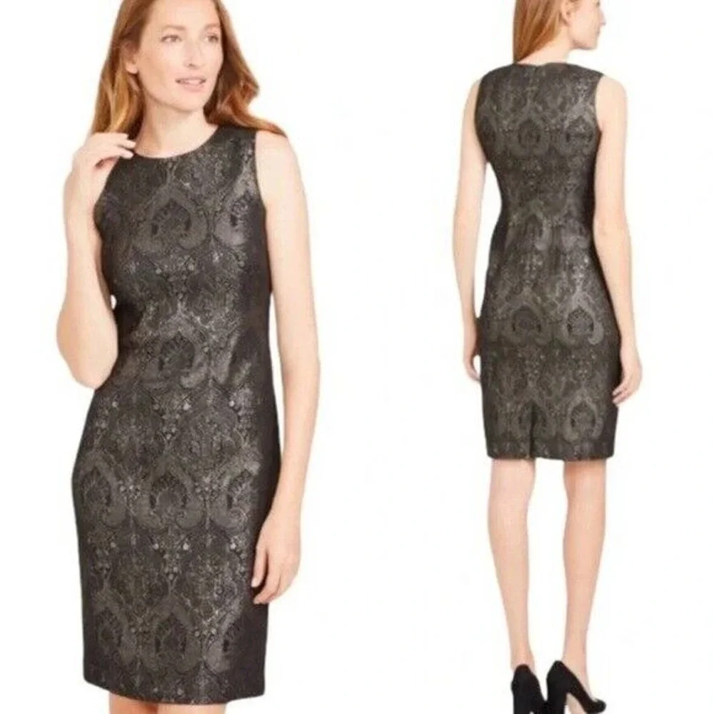 NWT J McLaughlin Zahara Black Champagne Jacquard Sheath Dress Size 2 Metallic - Picture 1 of 8